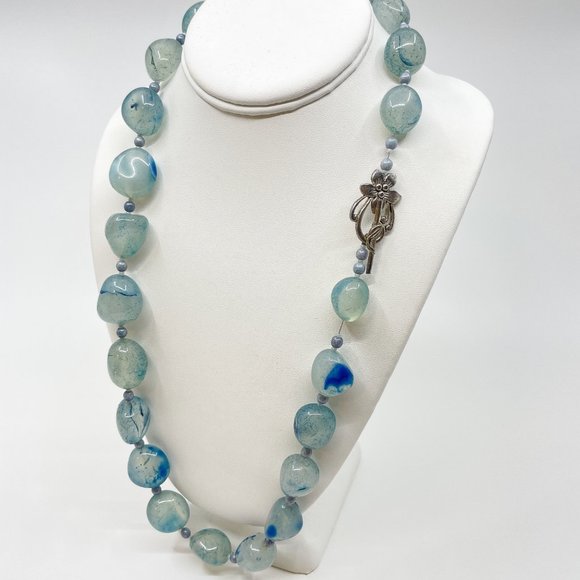 Handmade Jewelry - Blue Dyed Agate Necklace Artsy Boho Long Beaded Jewelry